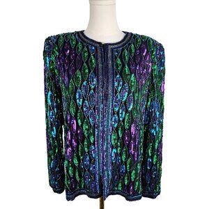 Vintage Laurence Kazar NY Jacket Size Large Sequin 80's Green Purple Bling Party